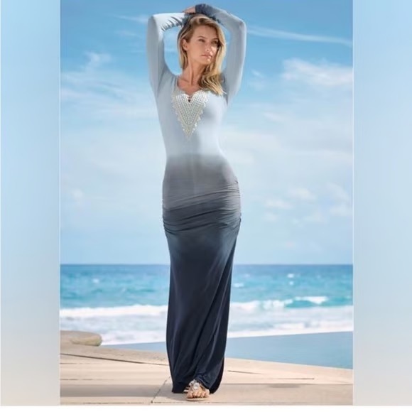 VENUS Gradient Blue Lace-Up Ombre Long Sleeve Dress NWOT M - Picture 16 of 16